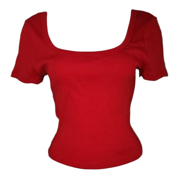 Universal Thread Top Womens Size M Medium Solid Red Ribbed Crop Short Sleeve - Picture 1 of 7